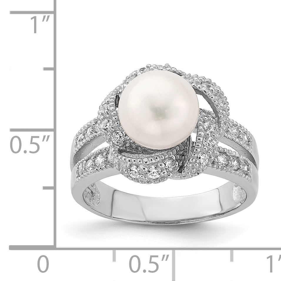 Sterling Silver Rhodium-plated Simulated Pearl and CZ Ring