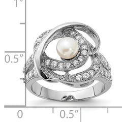 Sterling Silver Polished Simulated Pearl and CZ Ring