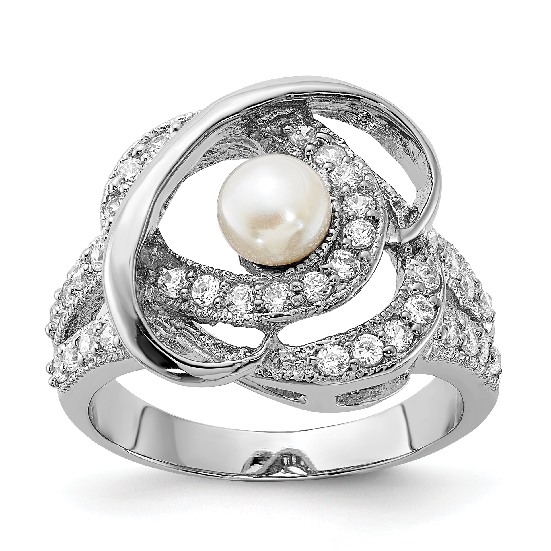 Sterling Silver Polished Simulated Pearl and CZ Ring