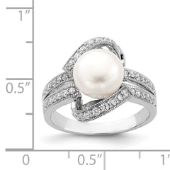 Sterling Silver Rhodium-plated Simulated Pearl and CZ Ring