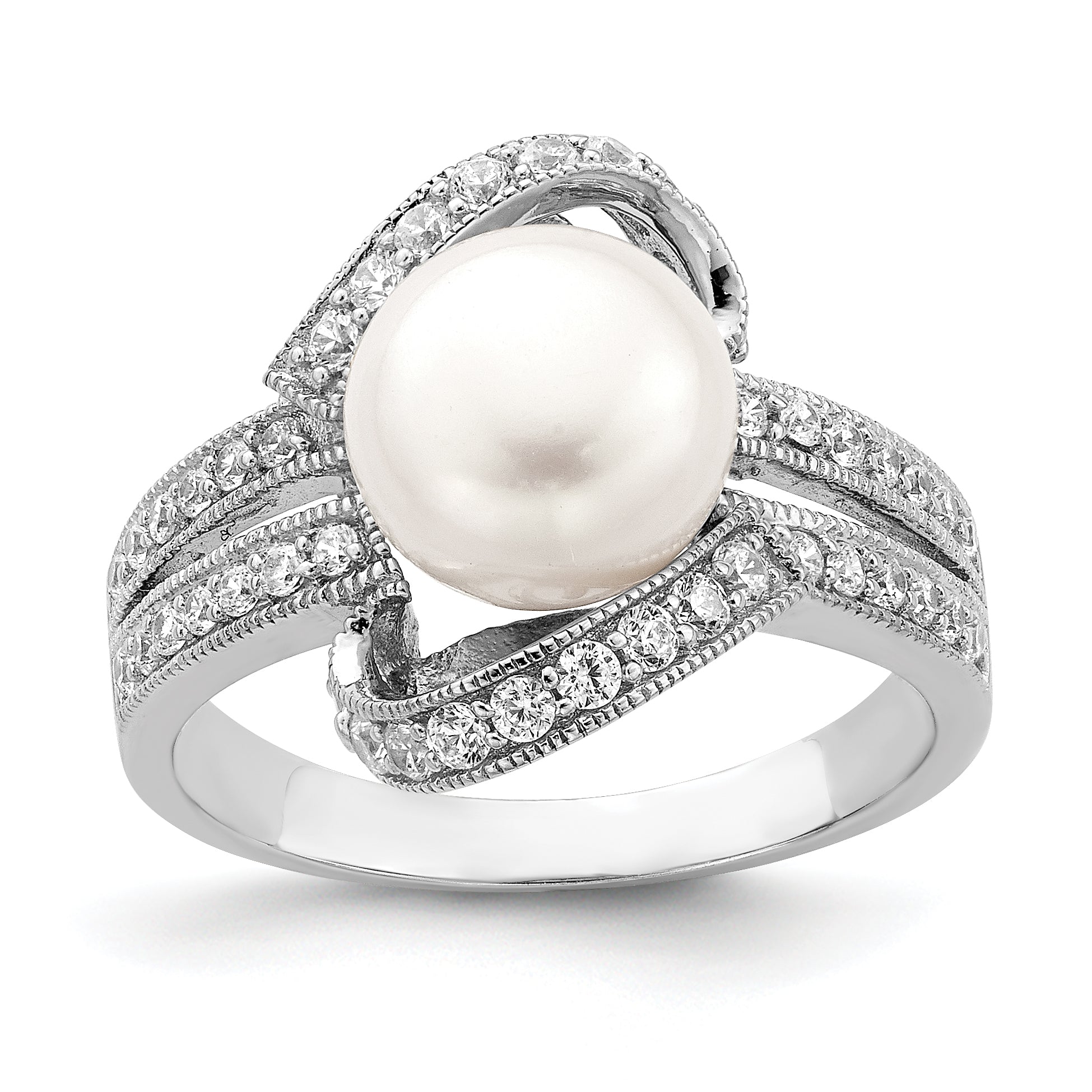 Sterling Silver Rhodium-plated Simulated Pearl and CZ Ring