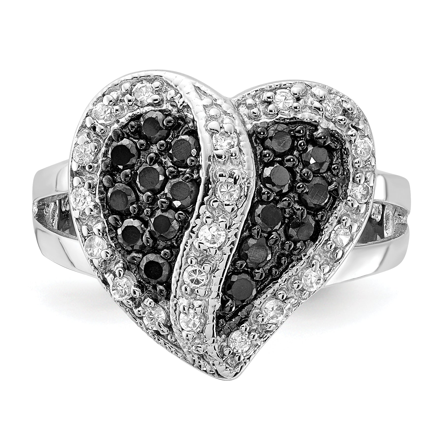 Sterling Silver Polished Black & Clear CZ Heart Ring