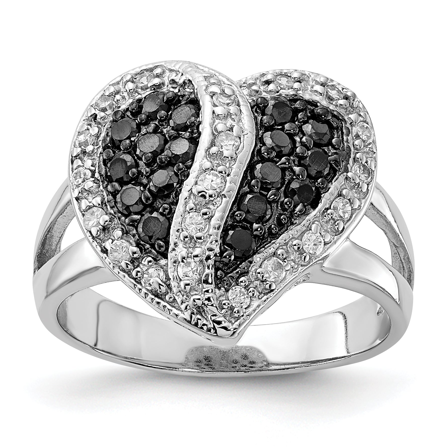 Sterling Silver Polished Black & Clear CZ Heart Ring