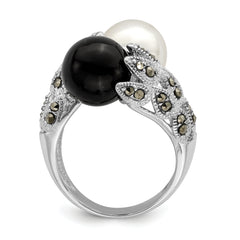 Sterling Silver Rhodium-plated Black and White Plastic Imitation Pearl Marcasite Ring