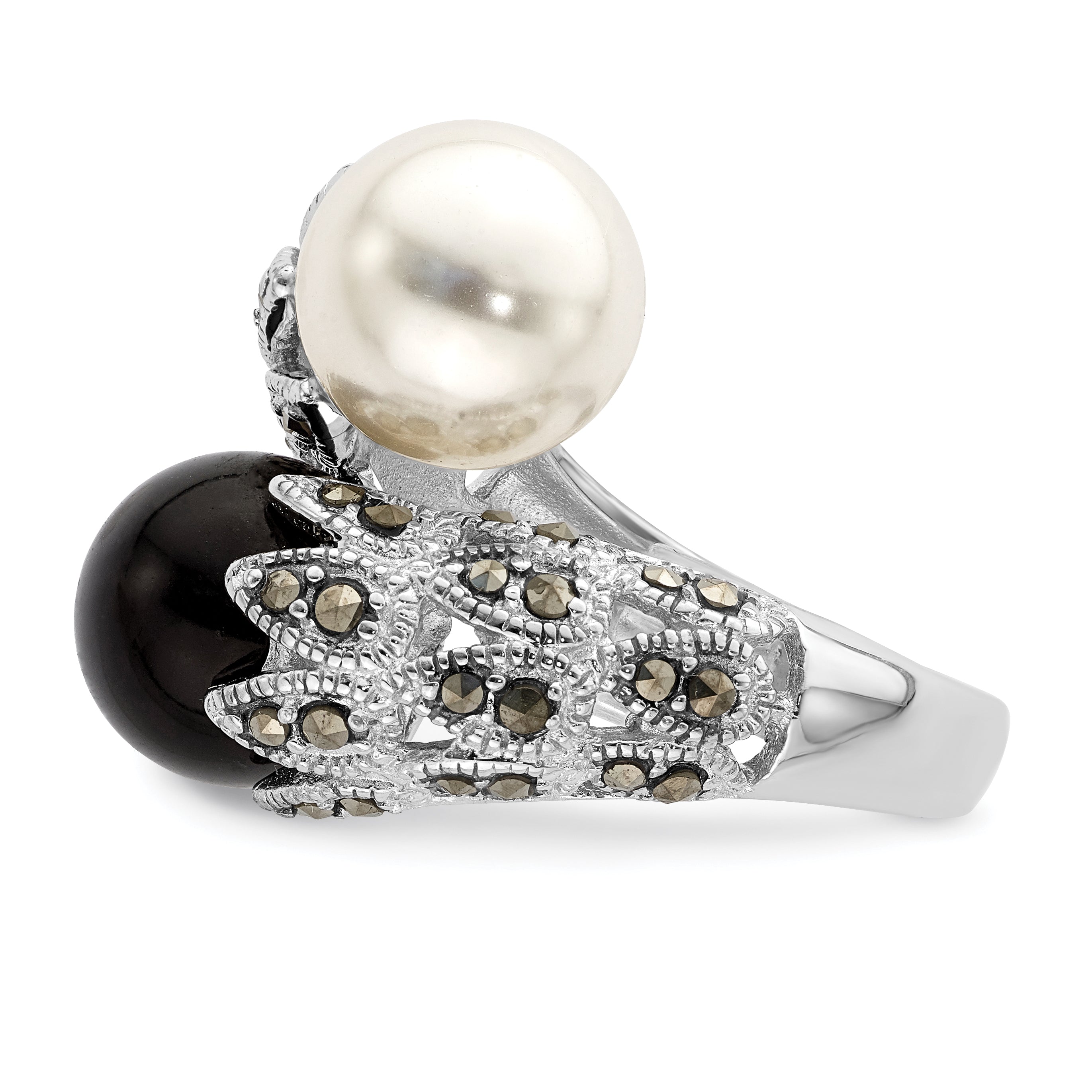 Sterling Silver Rhodium-plated Black and White Plastic Imitation Pearl Marcasite Ring