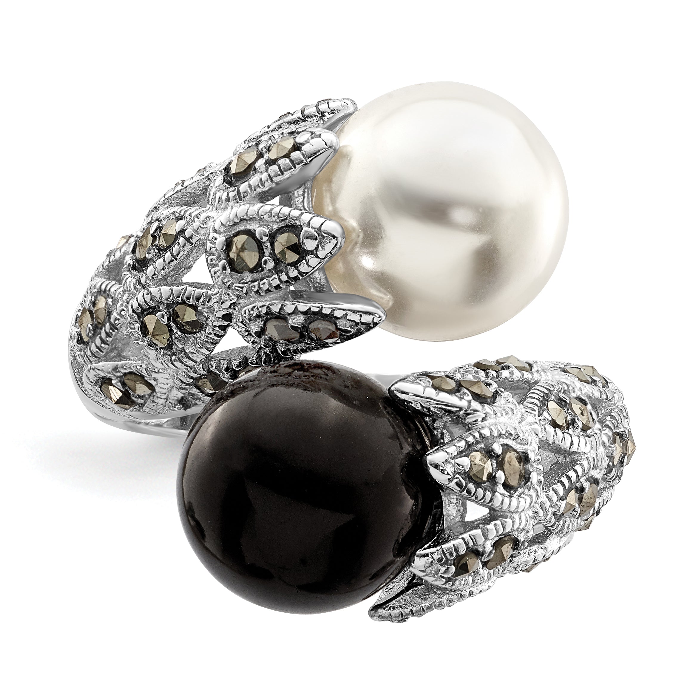 Sterling Silver Rhodium-plated Black and White Plastic Imitation Pearl Marcasite Ring