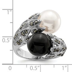 Sterling Silver Rhodium-plated Black and White Plastic Imitation Pearl Marcasite Ring