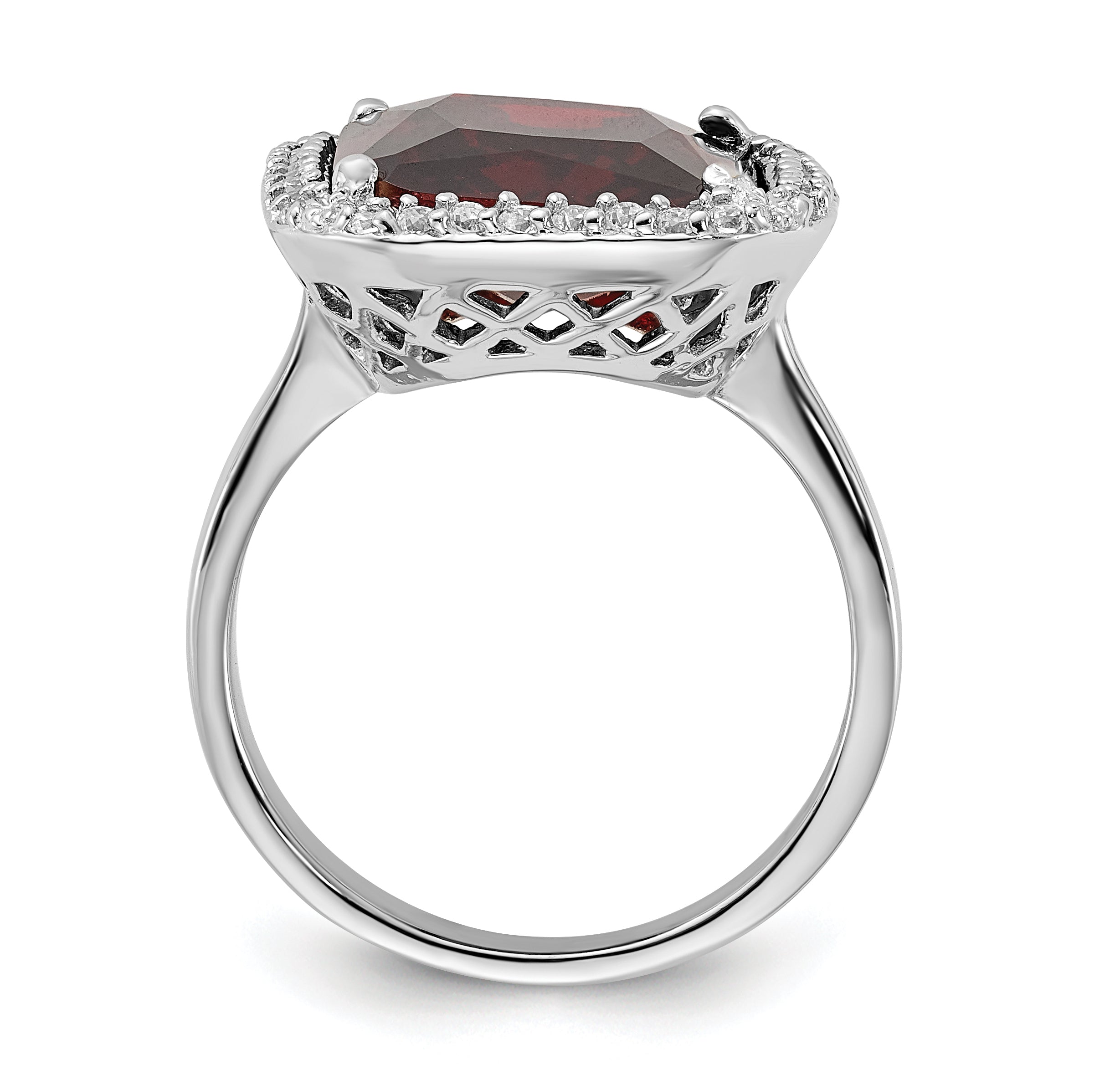 Sterling Silver Polished Red & Clear CZ Rectangle Halo Ring