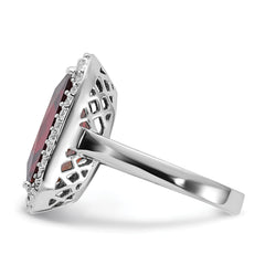 Sterling Silver Polished Red & Clear CZ Rectangle Halo Ring