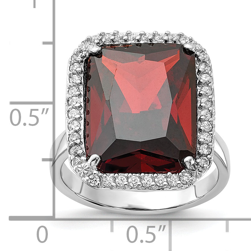 Sterling Silver Polished Red & Clear CZ Rectangle Halo Ring