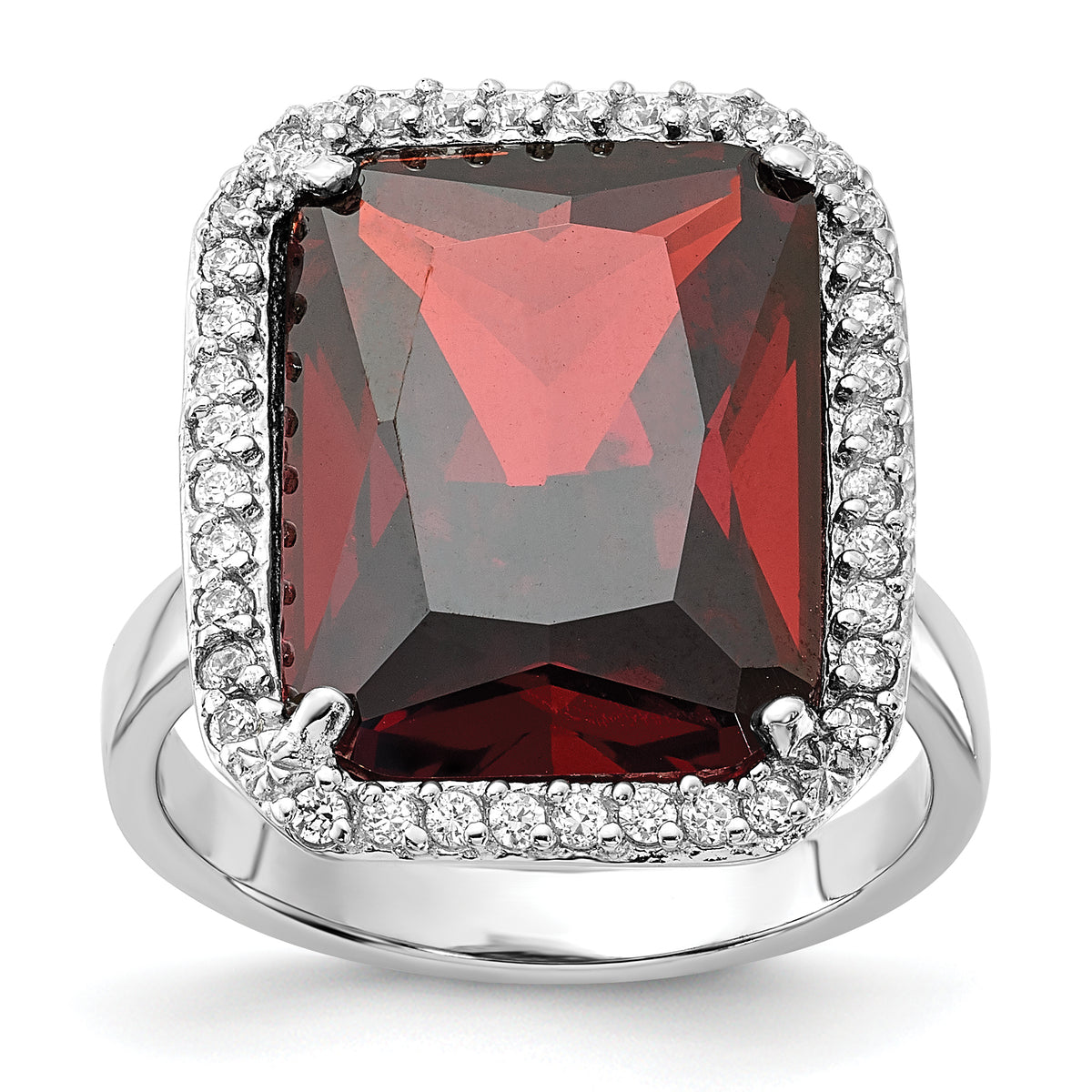 Sterling Silver Polished Red & Clear CZ Rectangle Halo Ring