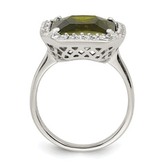 Sterling Silver Rectangle Clear & Green CZ Ring