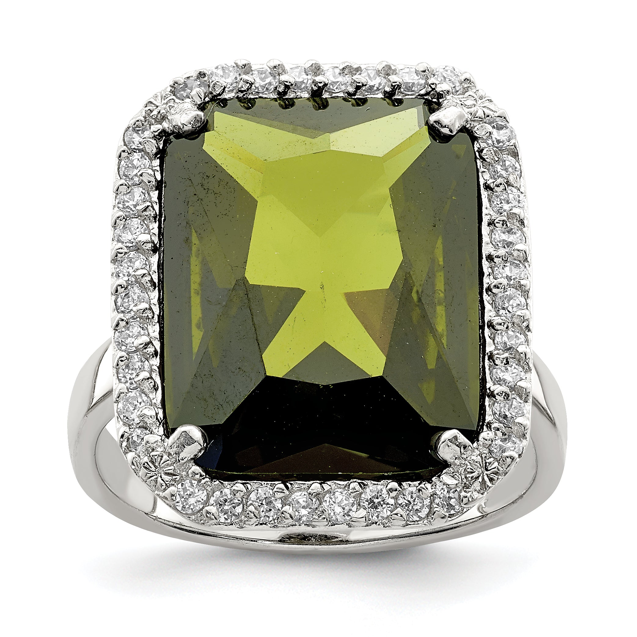 Sterling Silver Rectangle Clear & Green CZ Ring