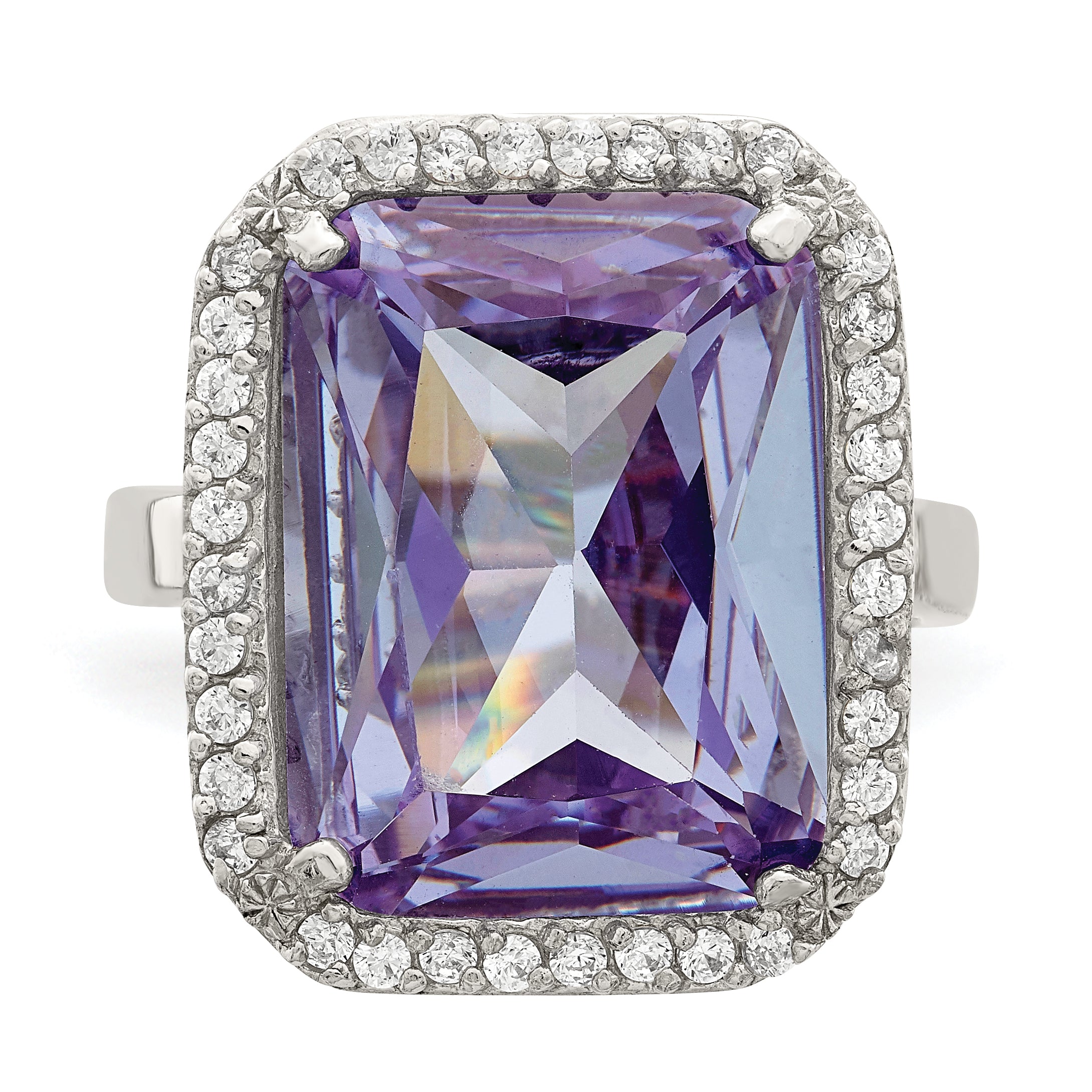 Sterling Silver Rectangle Clear & Purple CZ Ring