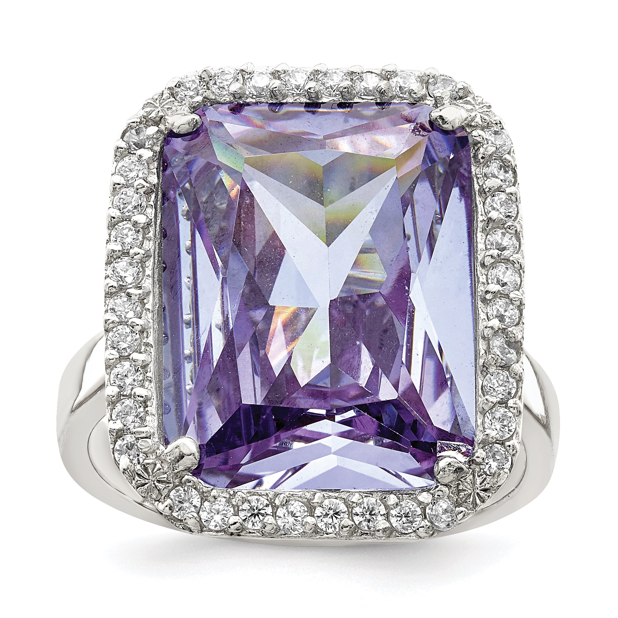 Sterling Silver Rectangle Clear & Purple CZ Ring