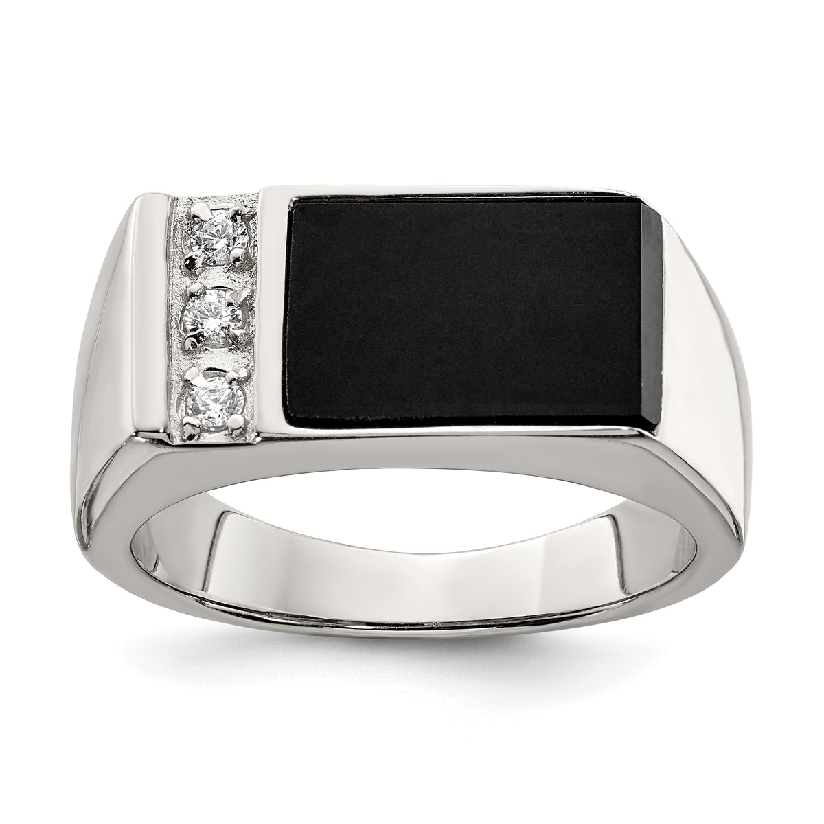 Sterling Silver Rhodium-plated Onyx & CZ Ring