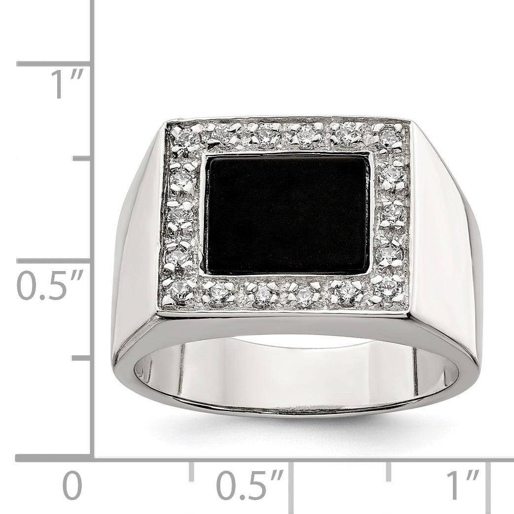 Sterling Silver Rhodium-plated Men's CZ & Onyx Ring