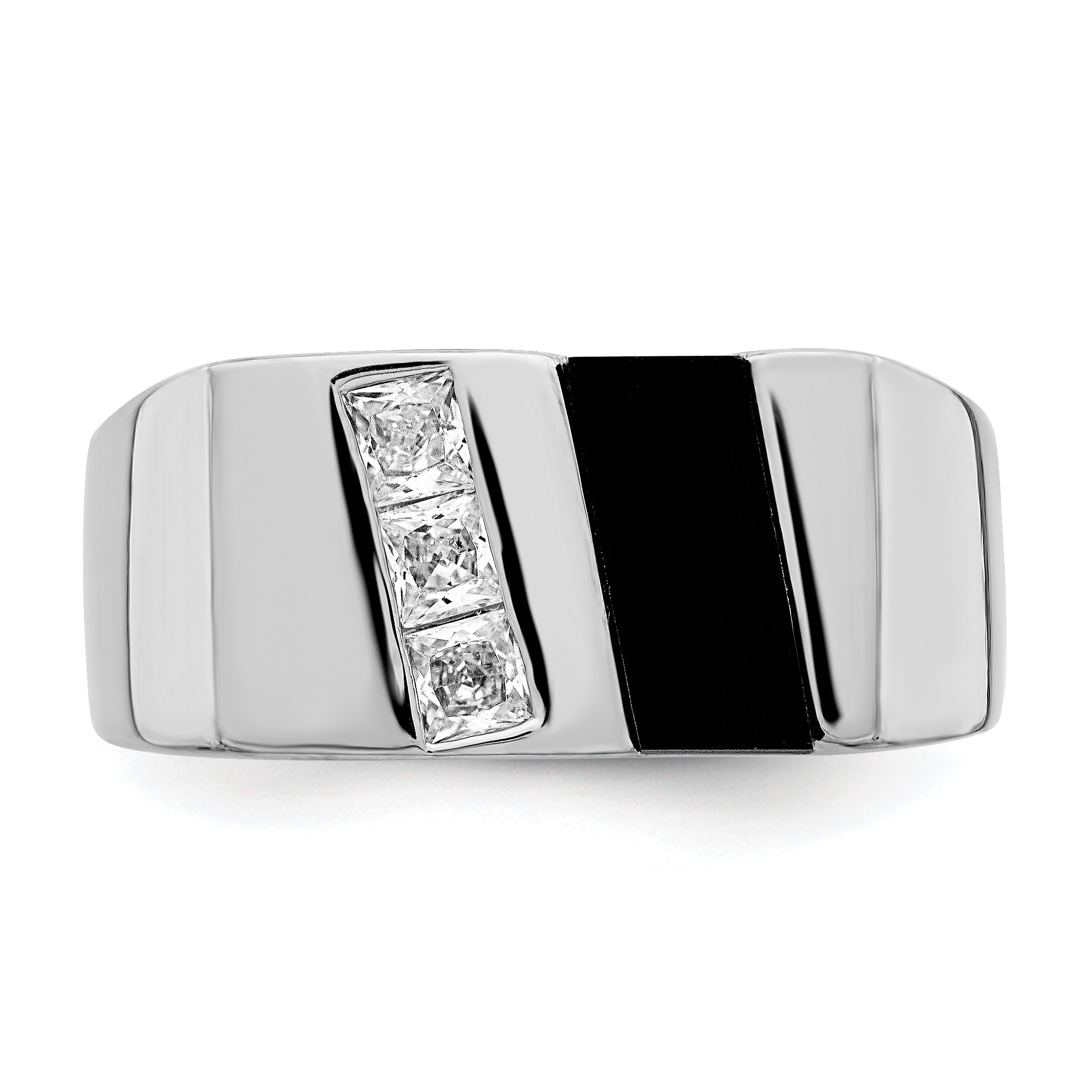 Sterling Silver Rhodium-plated Men's CZ and Onyx Ring