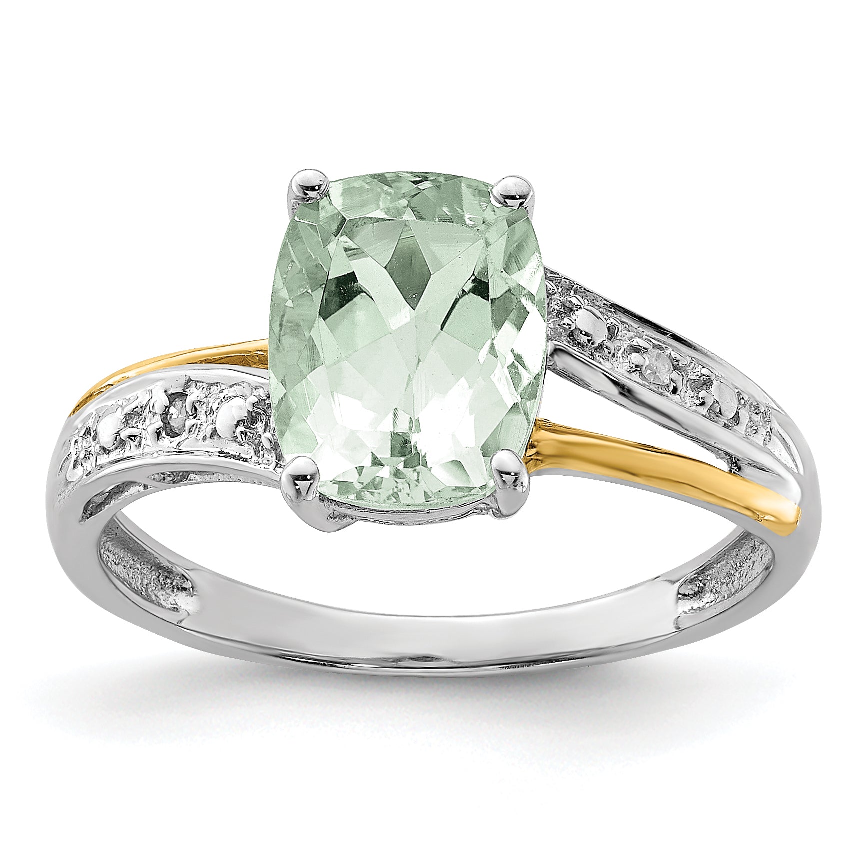 Brilliant Gemstones Sterling Silver with 14K Accent Rhodium-plated Green Quartz and Diamond Ring