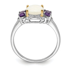 Brilliant Gemstones Sterling Silver with 14K Accent Rhodium-plated Opal and Amethyst Ring