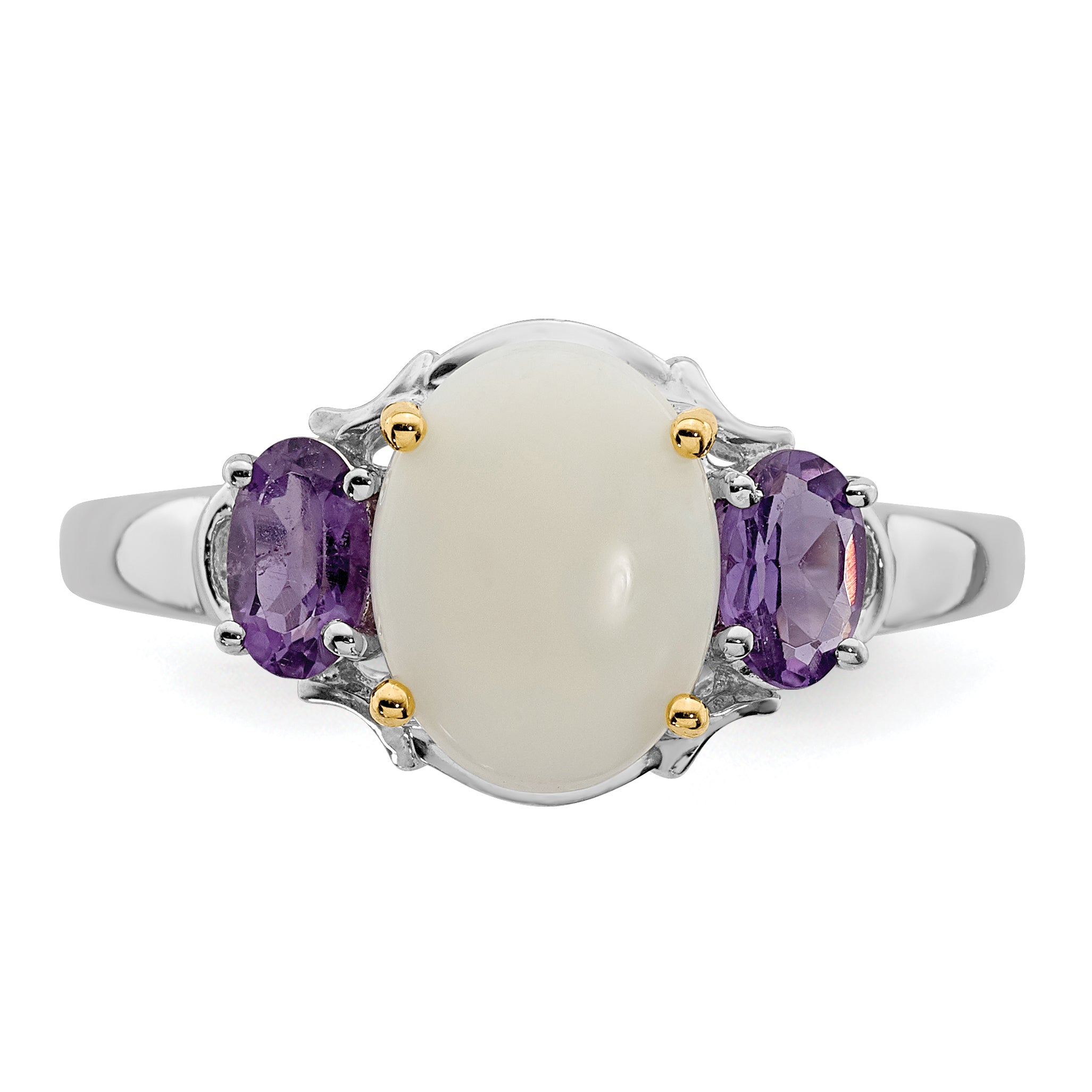 Brilliant Gemstones Sterling Silver with 14K Accent Rhodium-plated Opal and Amethyst Ring