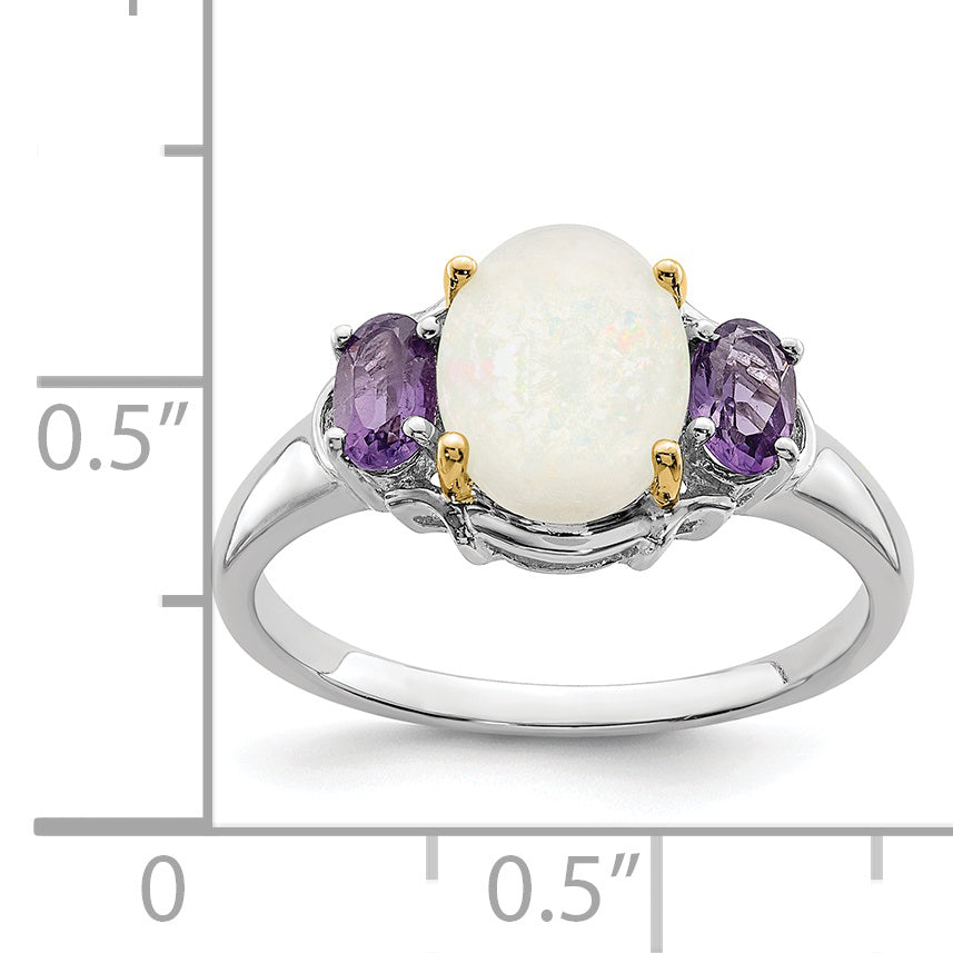 Brilliant Gemstones Sterling Silver with 14K Accent Rhodium-plated Opal and Amethyst Ring