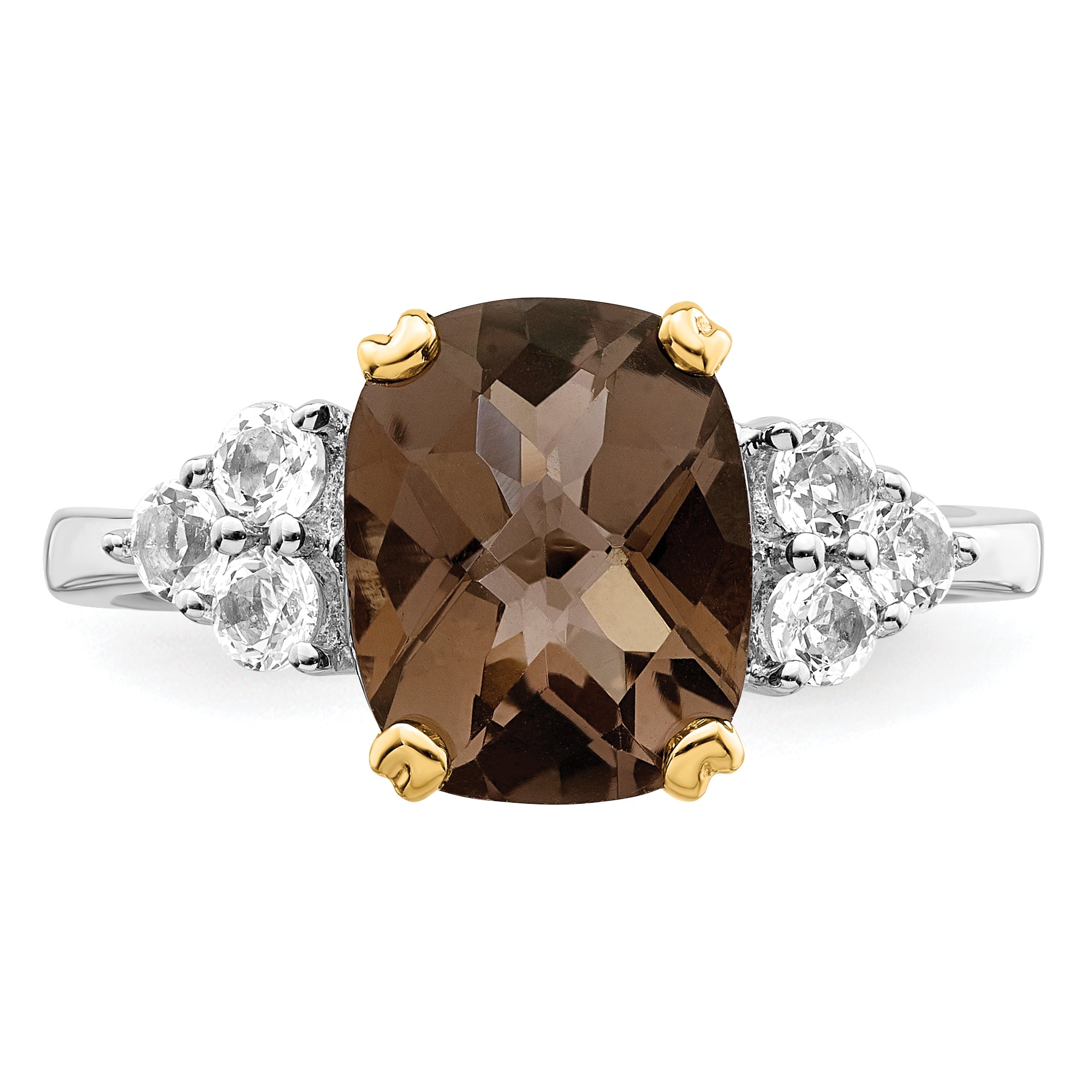 Brilliant Gemstones Sterling Silver with 14K Accent Rhodium-plated Smoky Quartz and White Topaz Ring