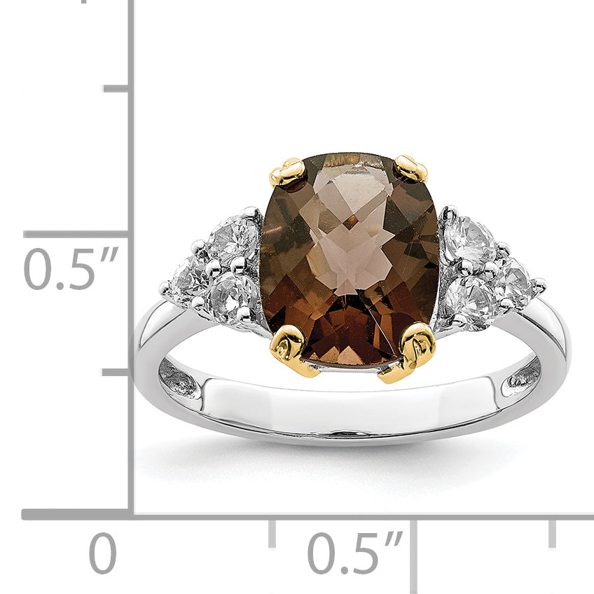 Brilliant Gemstones Sterling Silver with 14K Accent Rhodium-plated Smoky Quartz and White Topaz Ring