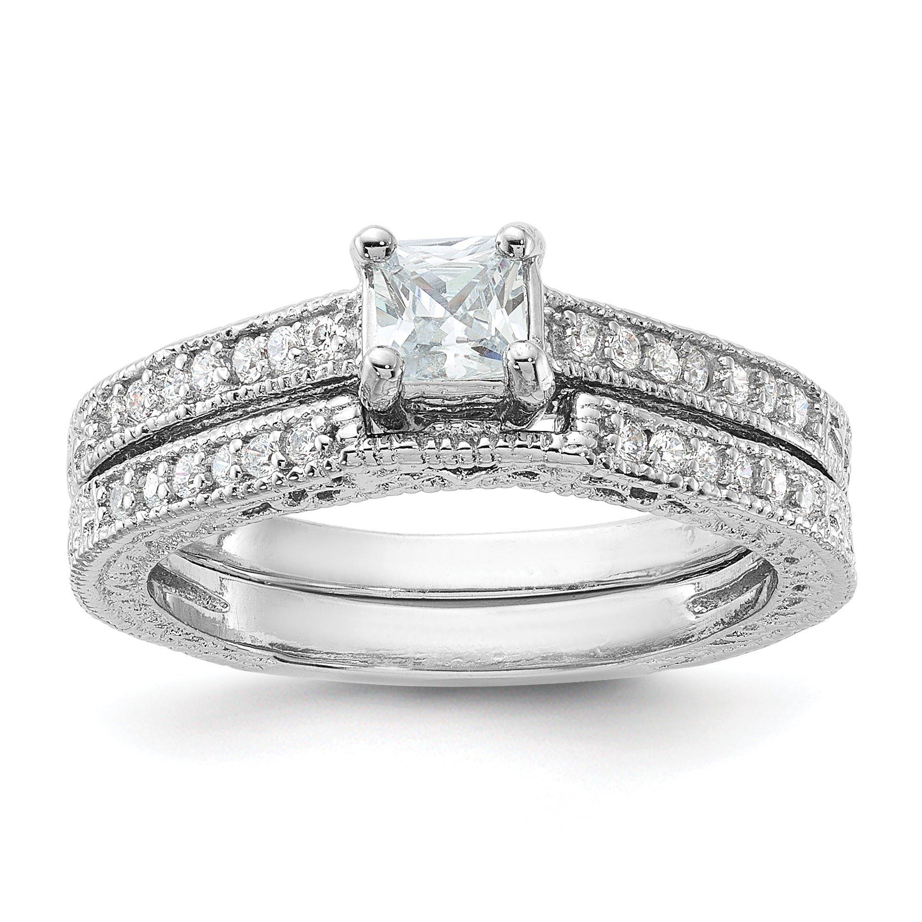 Sterling Silver Rhodium-plated 2-Piece CZ Wedding Set Ring