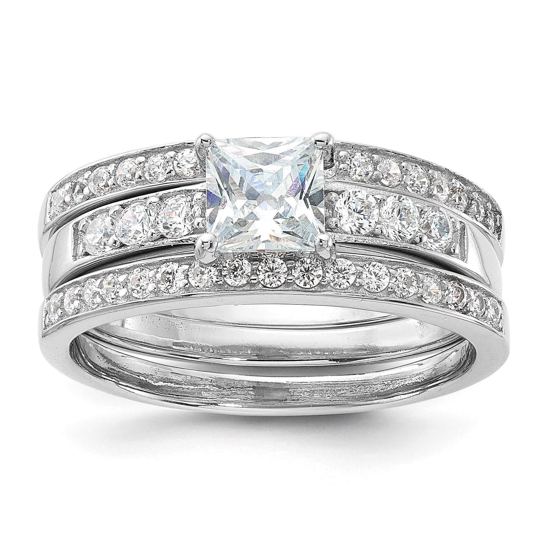 Sterling Silver Rhodium-plated CZ 3 Piece Wedding Set Ring