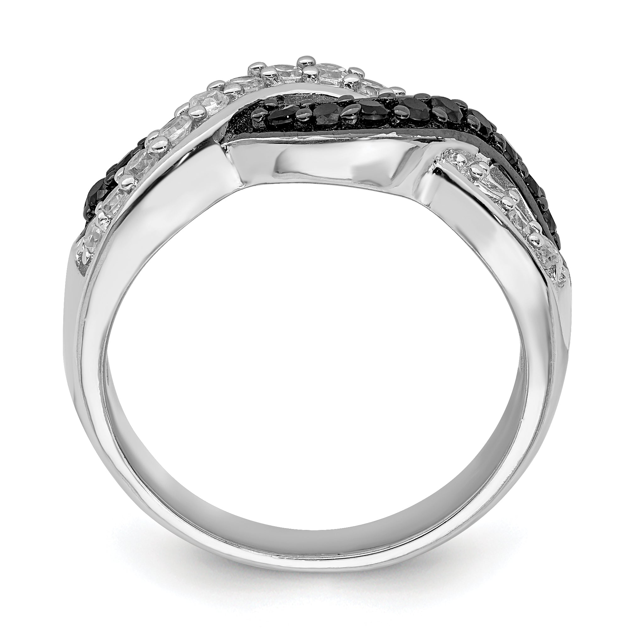 Sterling Silver Rhodium Black and Clear CZ Wavy Ring