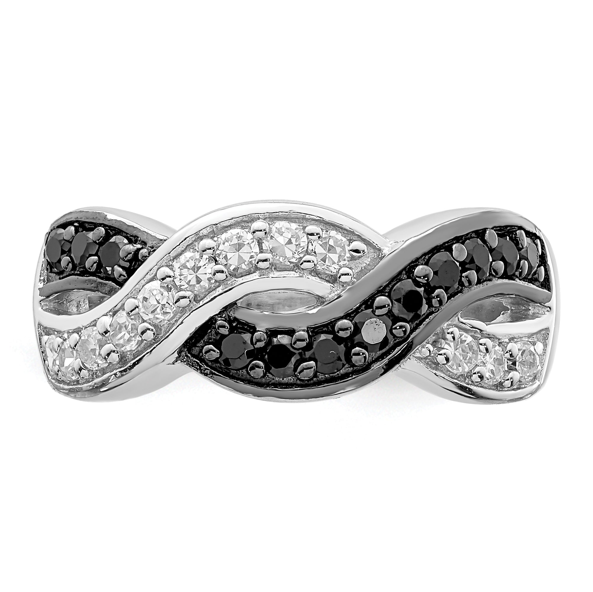 Sterling Silver Rhodium Black and Clear CZ Wavy Ring