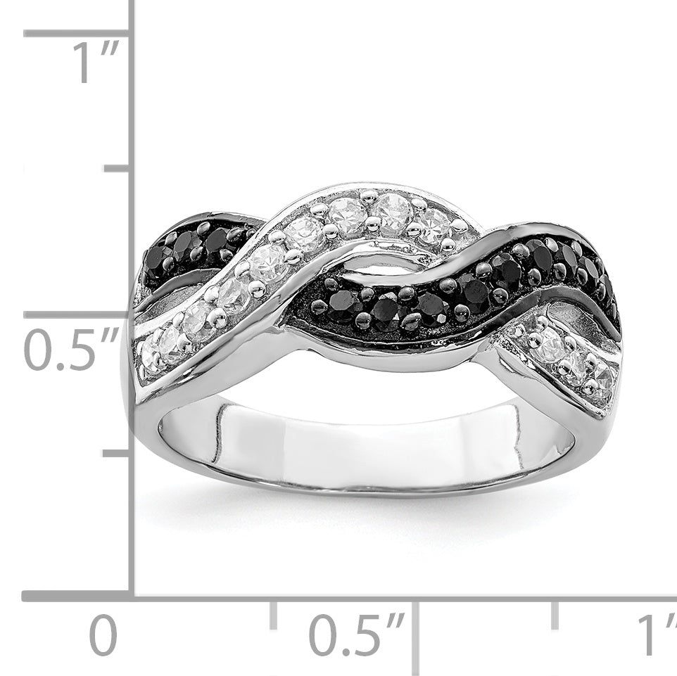 Sterling Silver Rhodium Black and Clear CZ Wavy Ring