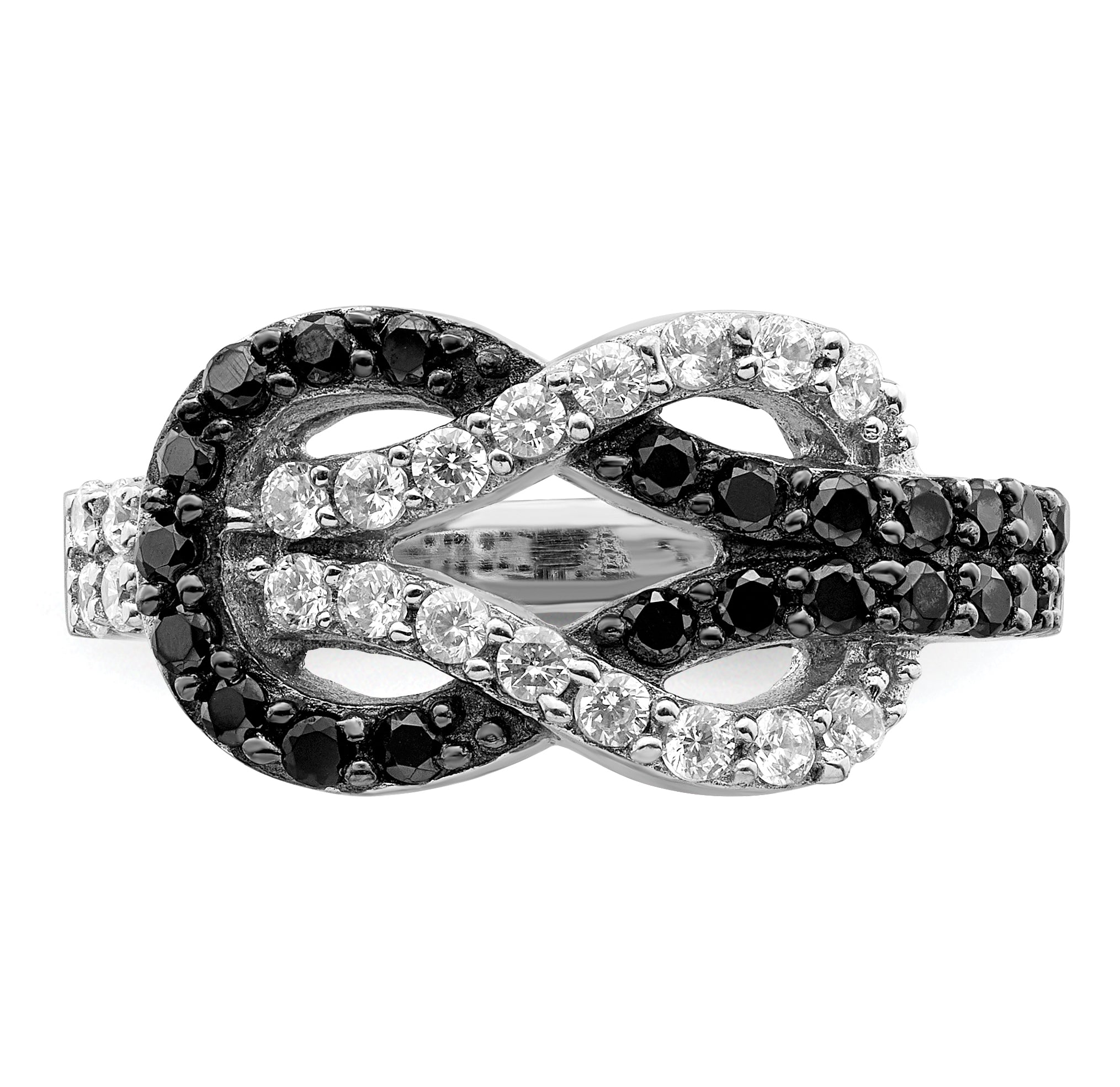 Sterling Silver Rhodium Black and Clear CZ Love Knot Ring