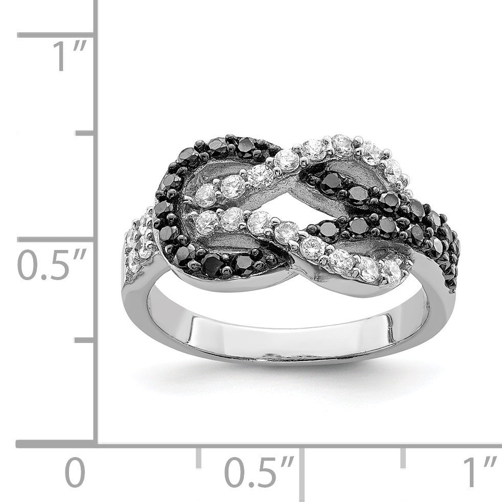 Sterling Silver Rhodium Black and Clear CZ Love Knot Ring