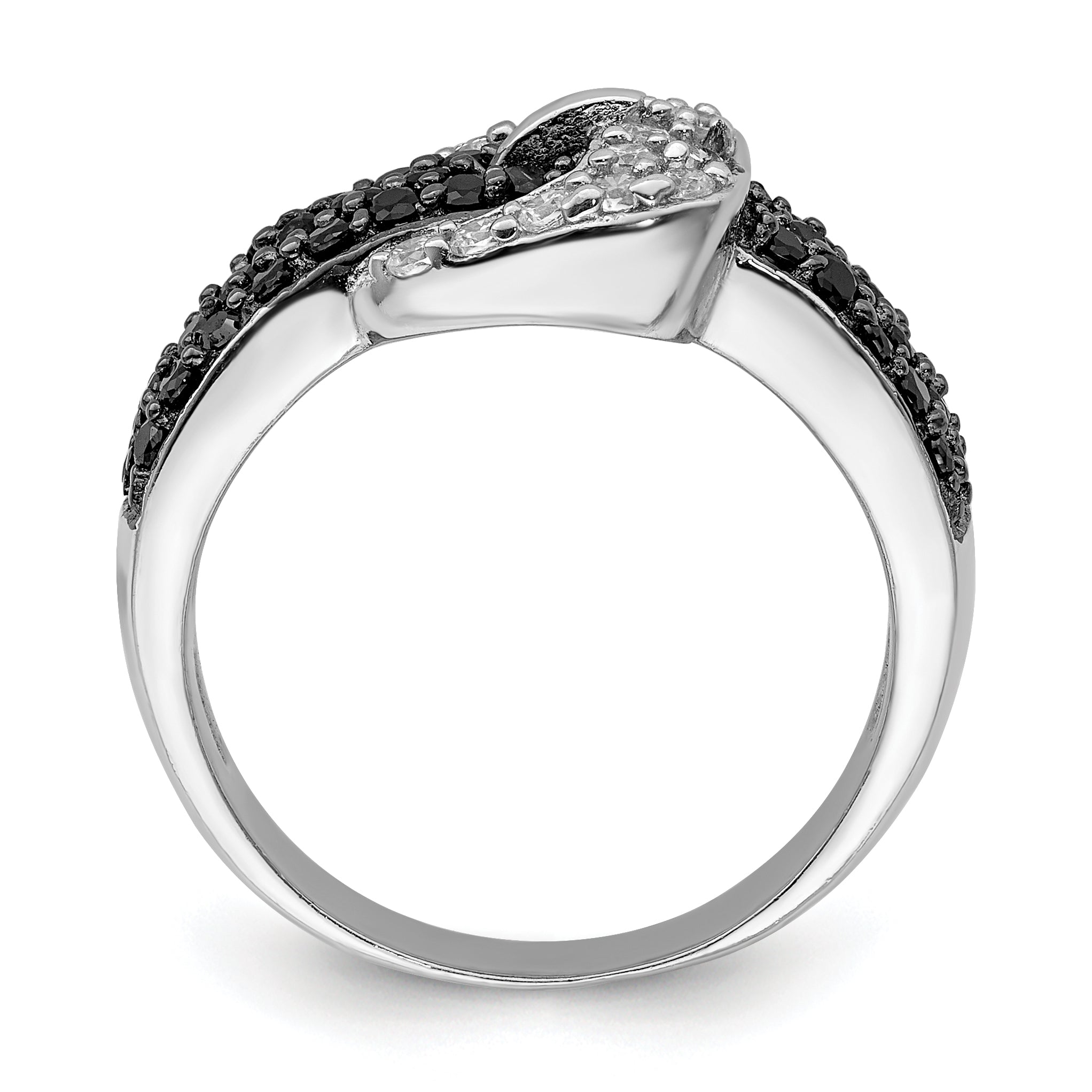 Sterling Silver Rhodium Black and Clear CZ Buckle Ring