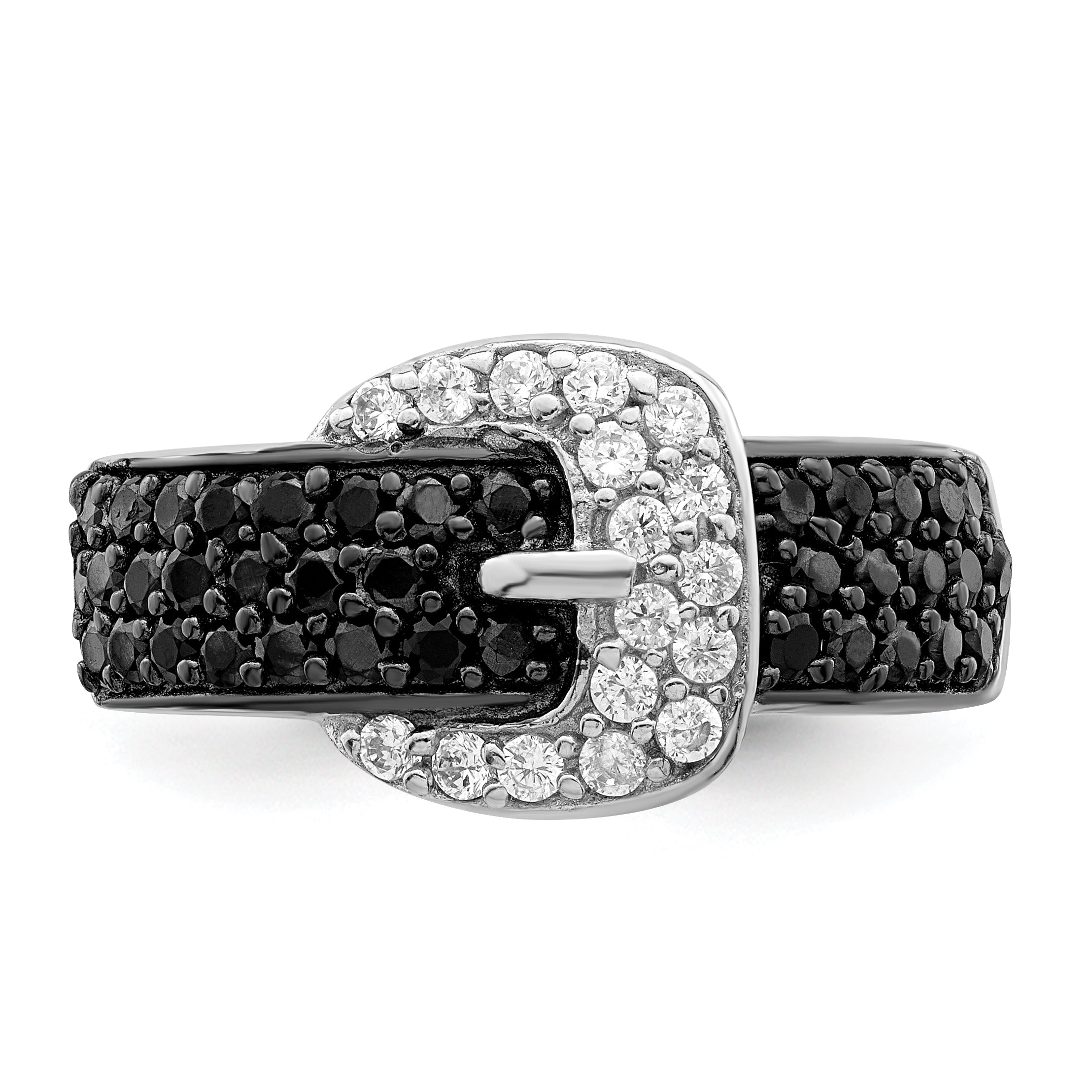 Sterling Silver Rhodium Black and Clear CZ Buckle Ring