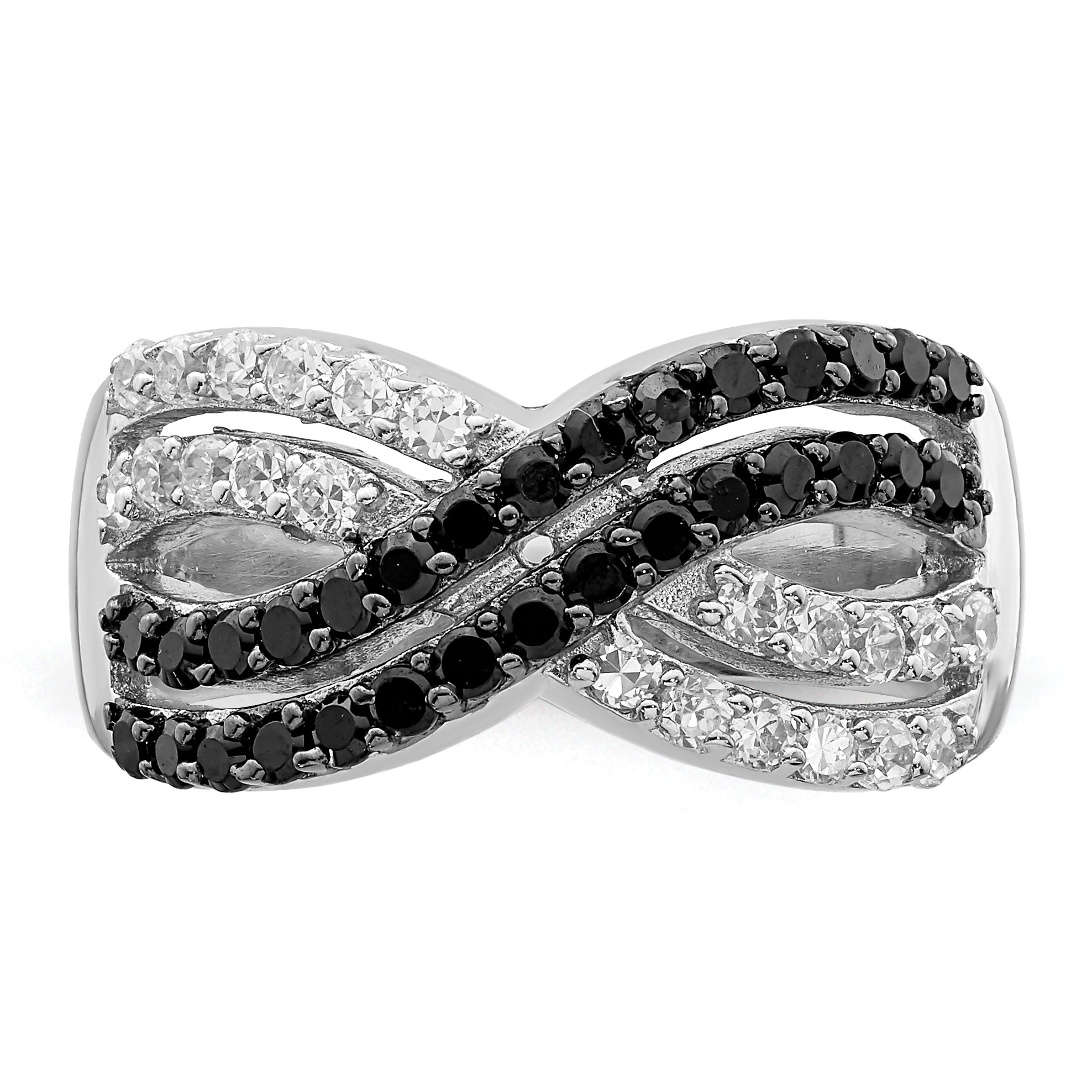 Sterling Silver Rhodium Black and Clear CZ X Ring