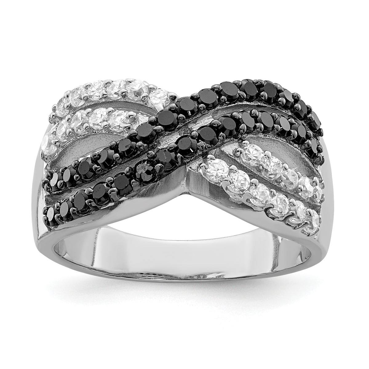 Sterling Silver Rhodium Black and Clear CZ X Ring