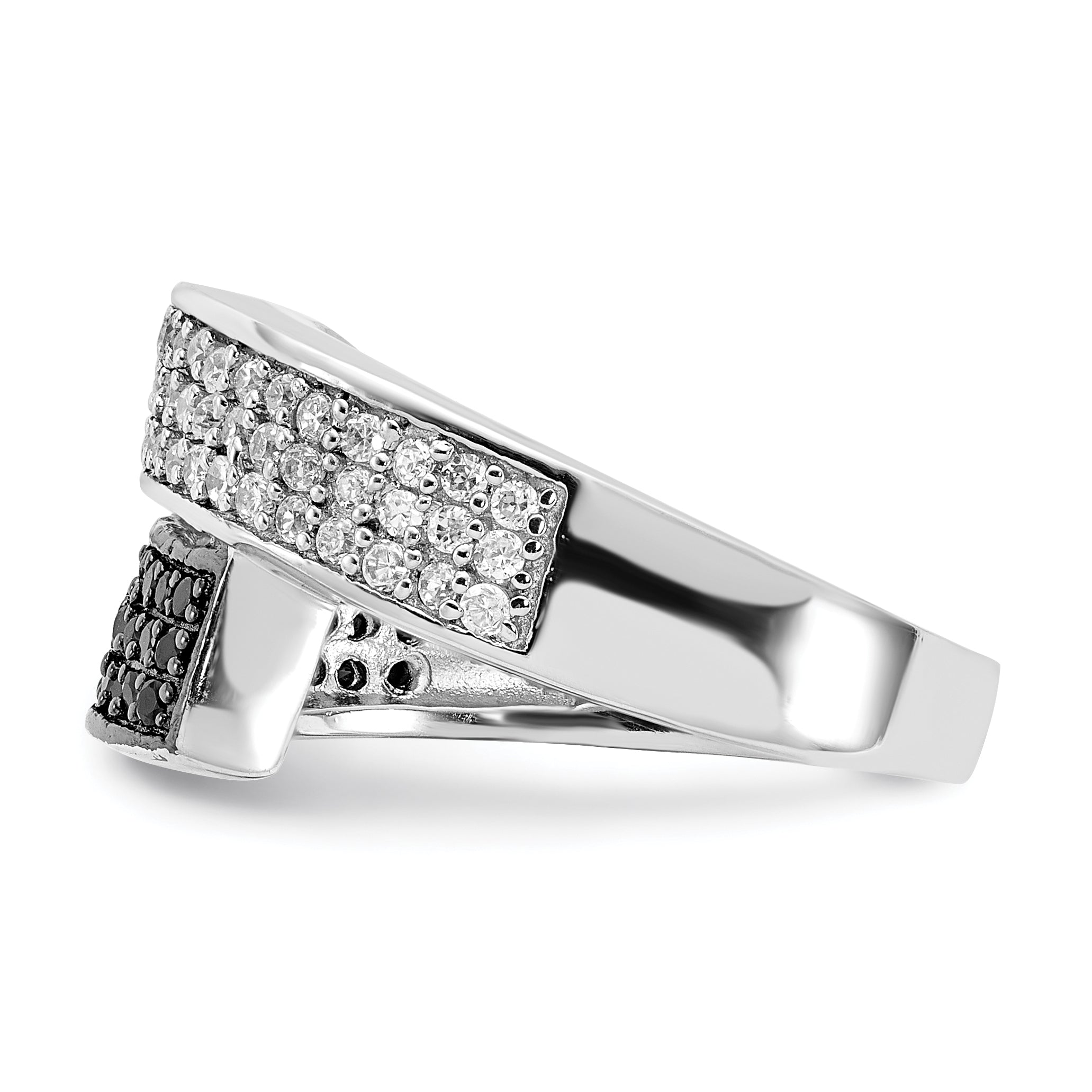 Sterling Silver Rhodium Black and Clear CZ Overlapping Ring