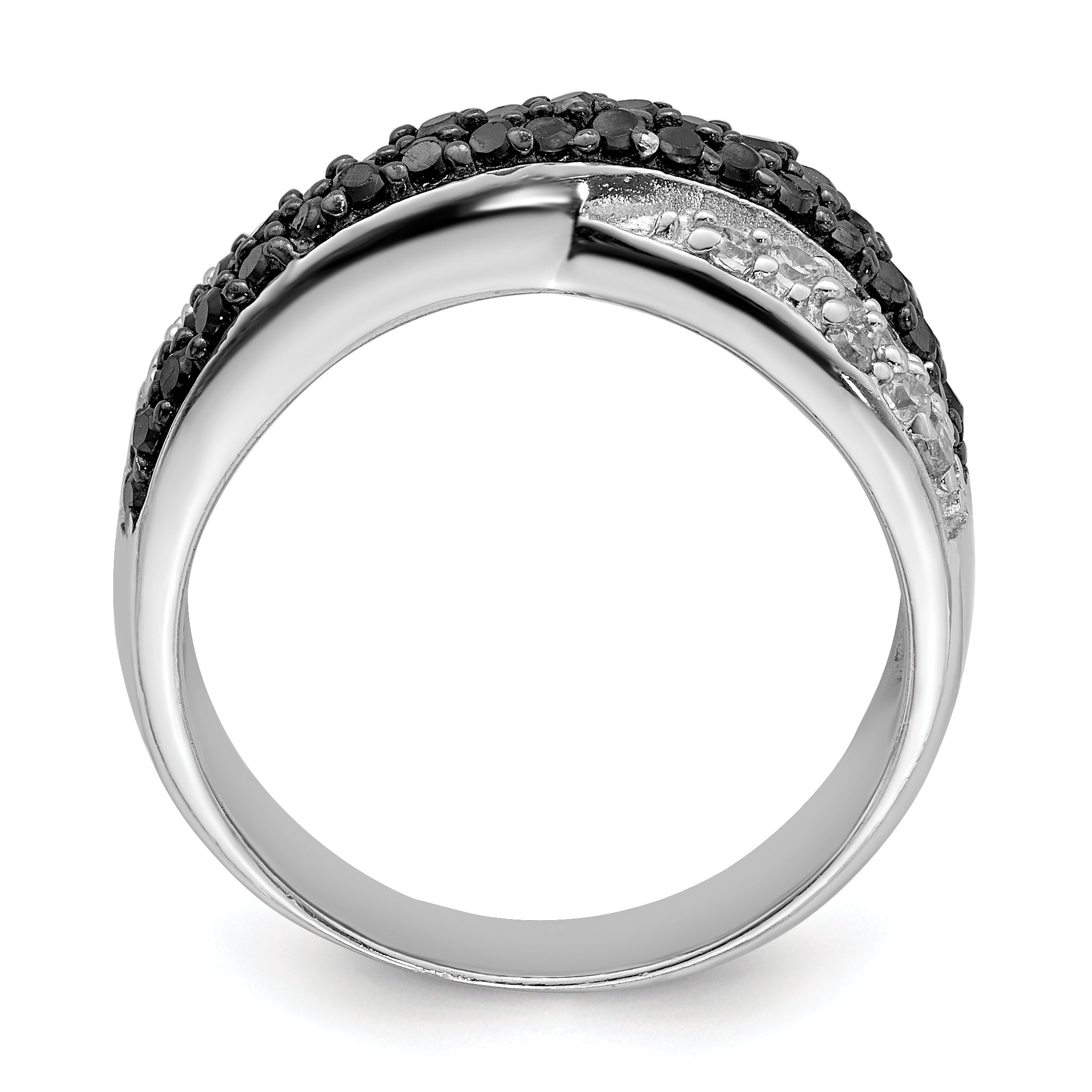 Sterling Silver Rhodium Black & White CZ Crossed Ring