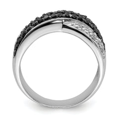 Sterling Silver Rhodium Black & White CZ Crossed Ring