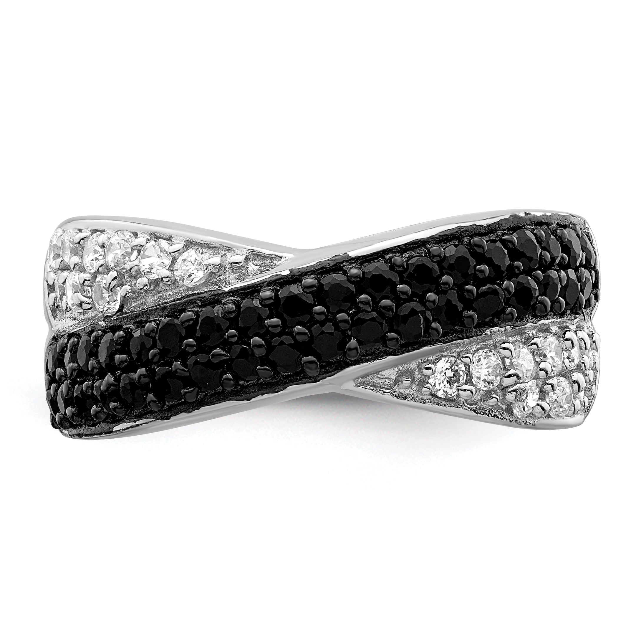 Sterling Silver Rhodium Black & White CZ Crossed Ring