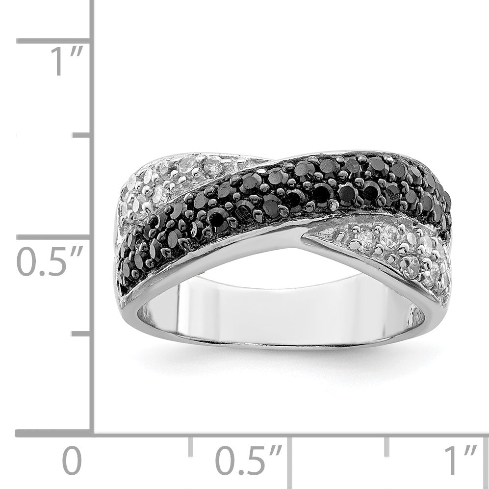 Sterling Silver Rhodium Black & White CZ Crossed Ring