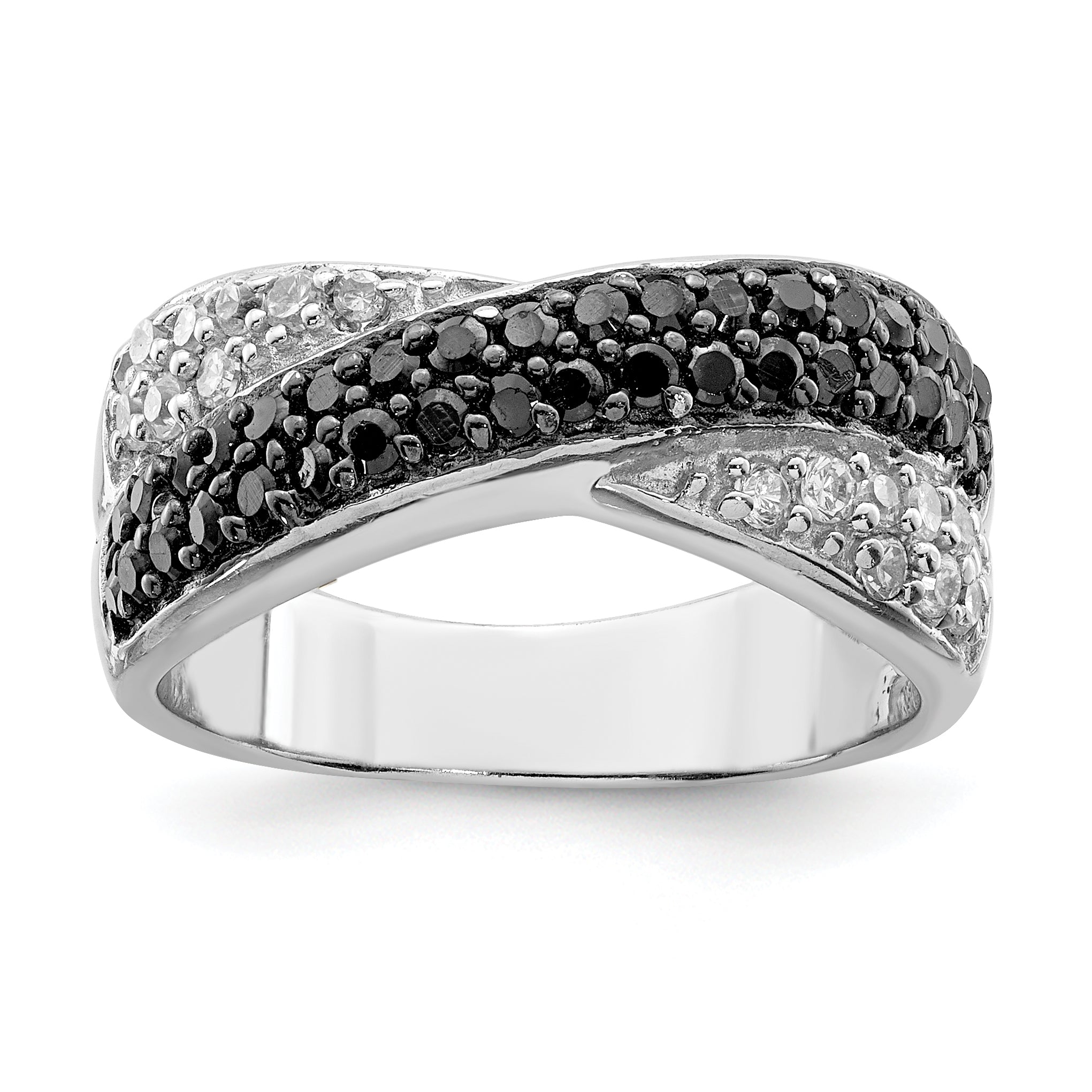 Sterling Silver Rhodium Black & White CZ Crossed Ring