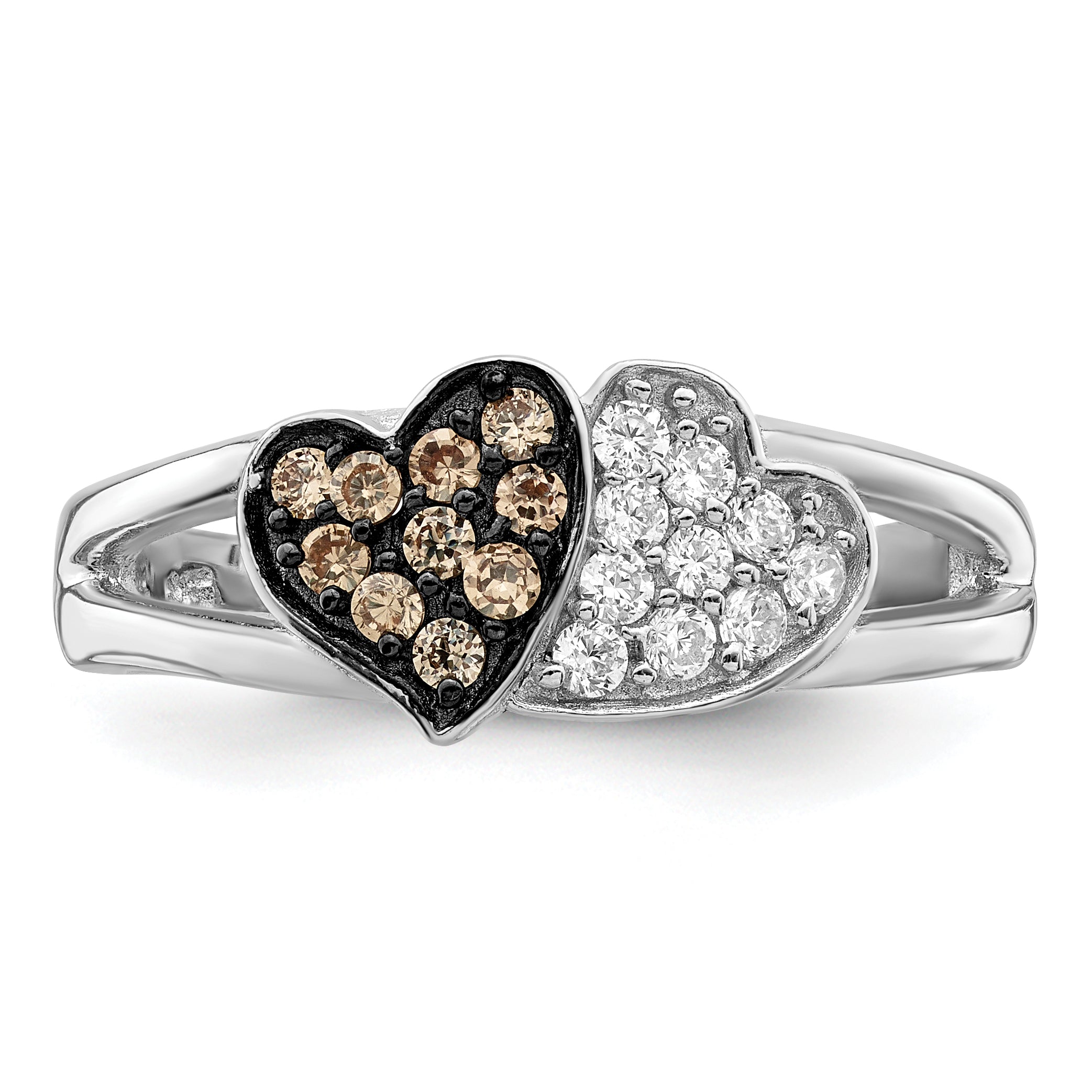 Sterling Silver Rhodium Clear & Champagne CZ Hearts Ring