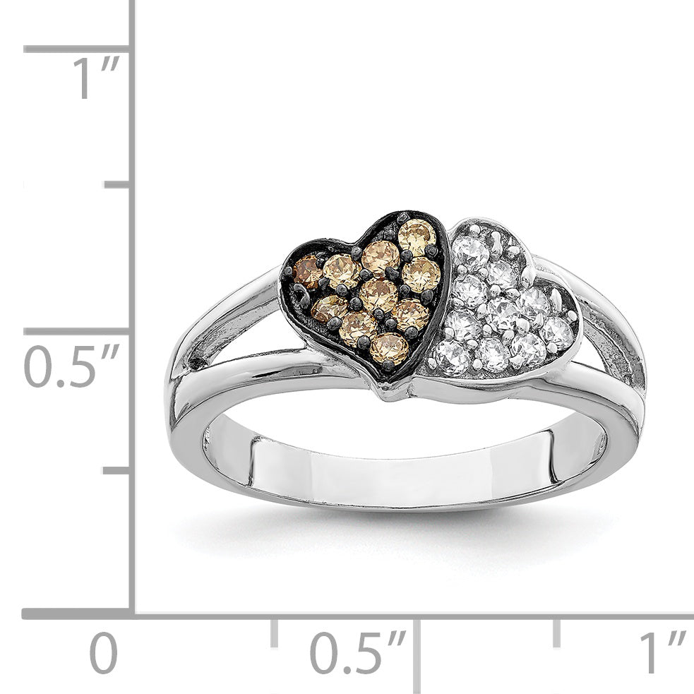 Sterling Silver Rhodium Clear & Champagne CZ Hearts Ring