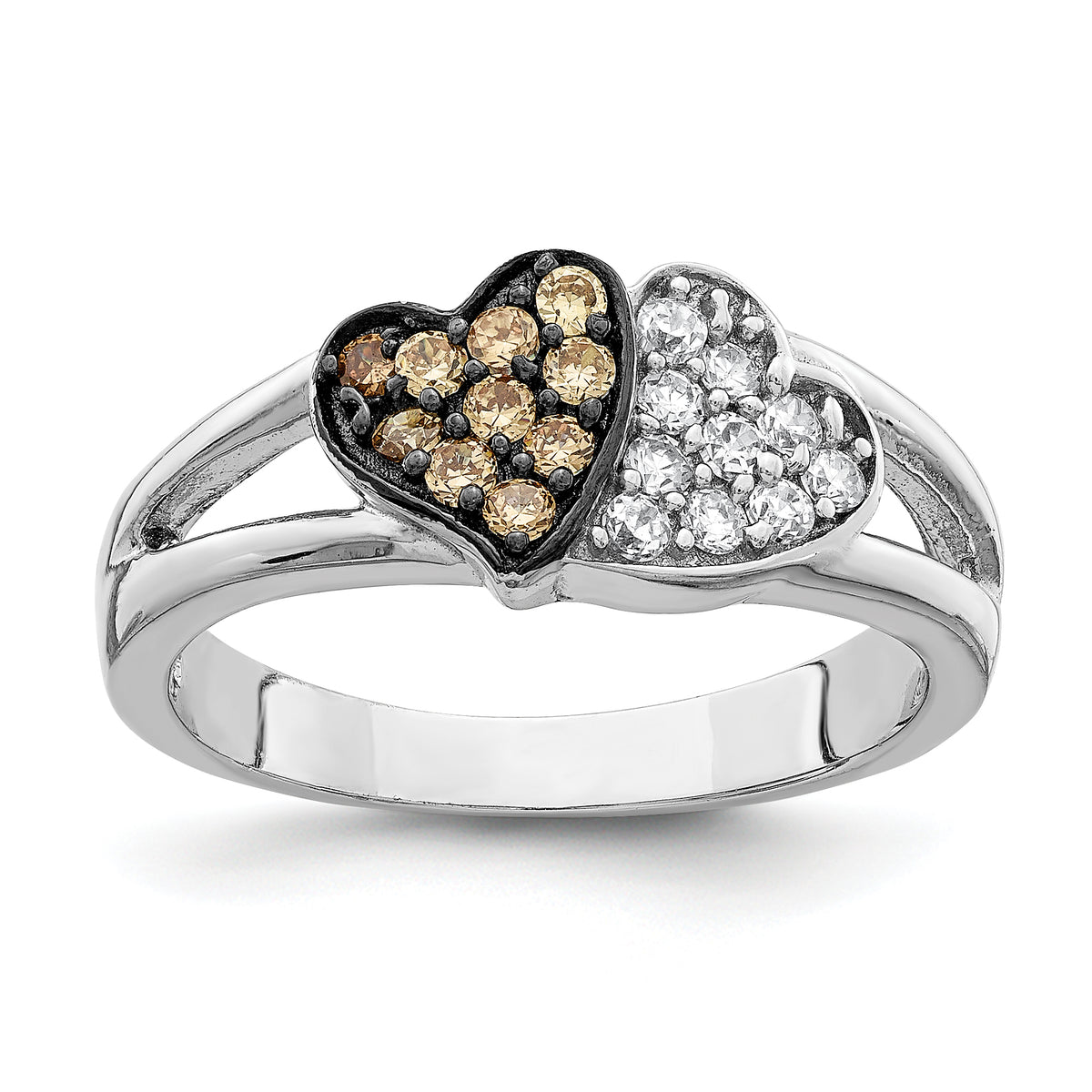 Sterling Silver Rhodium Clear & Champagne CZ Hearts Ring