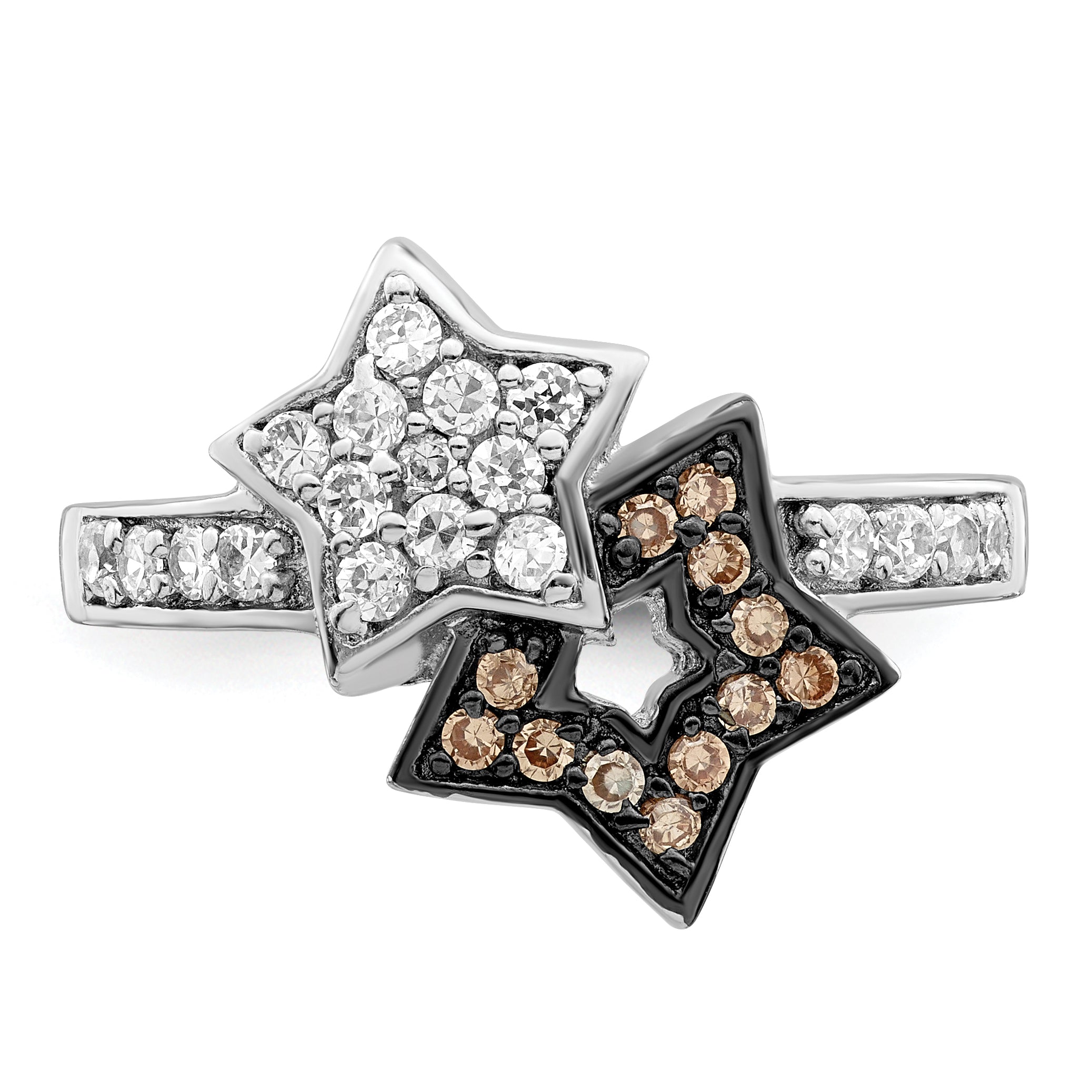 Sterling Silver Rhodium Clear & Champagne CZ Stars Ring