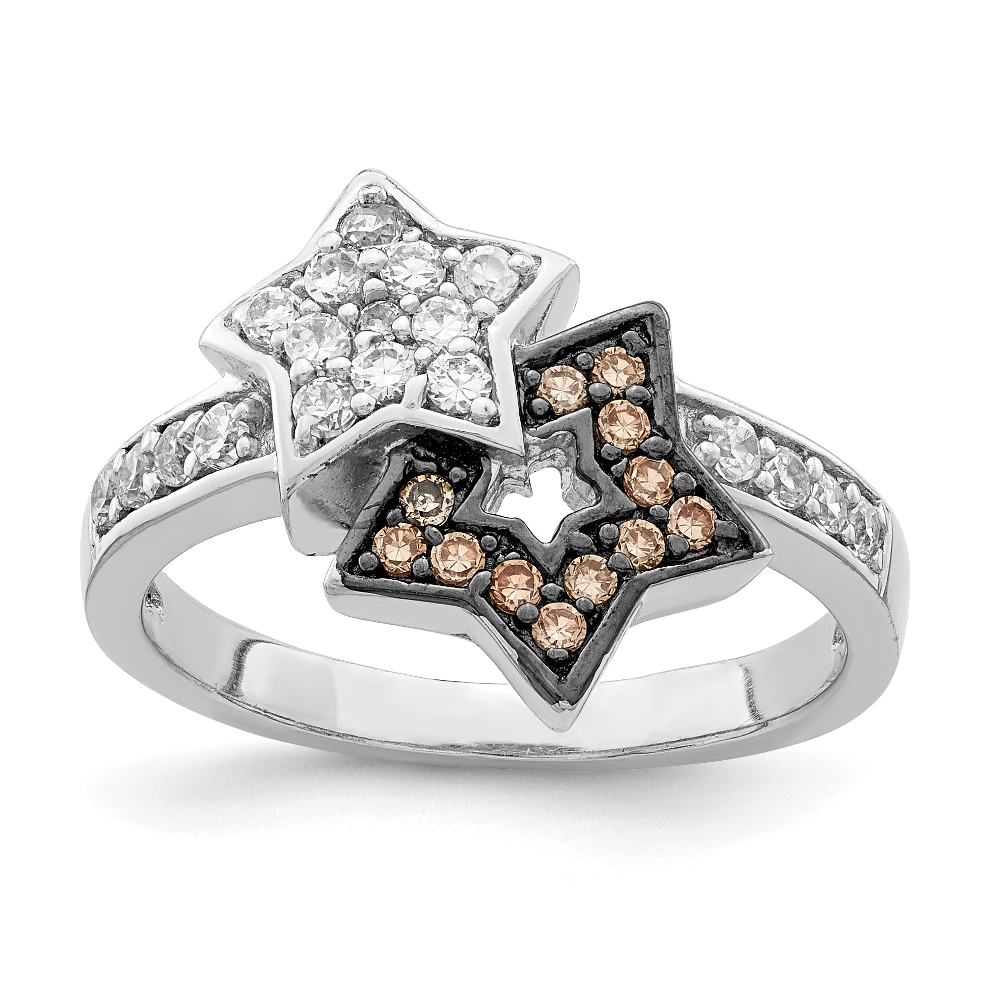 Sterling Silver Rhodium Clear & Champagne CZ Stars Ring